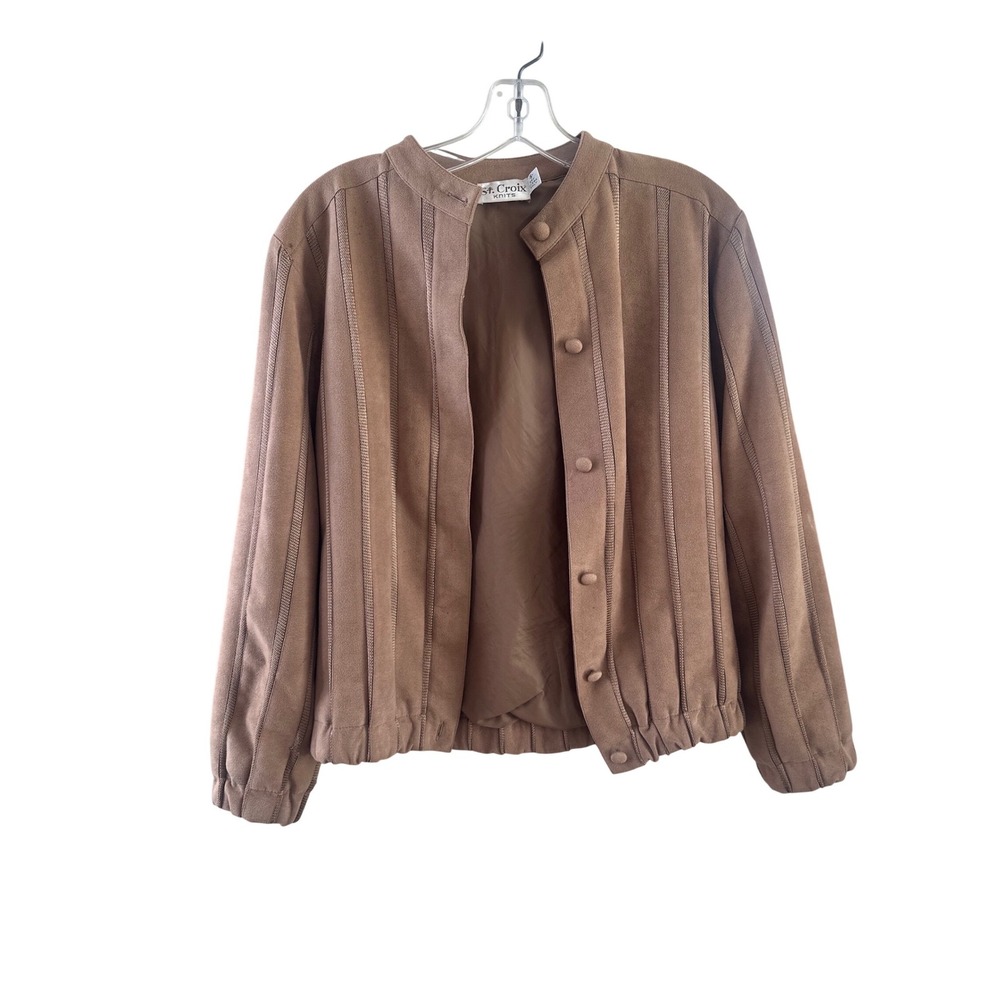 St. Croix Knits Vintage Tan Faux Suede Striped Jacket Button Front Bomber Small